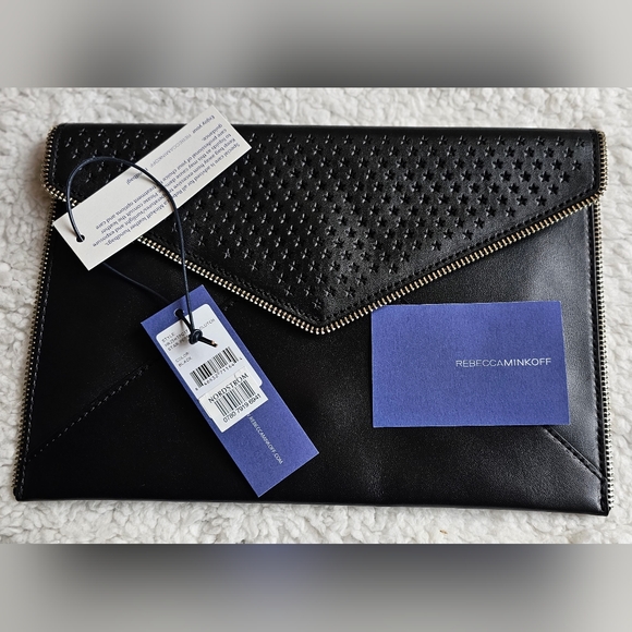 Rebecca Minkoff black leather star perforated Clutch NWT with original duster - Picture 5 of 7